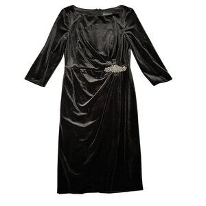 Jessica Howard Womens 8 Black Velvet 3/4 Sleeve Faux Wrap Dress Back Zip Holiday